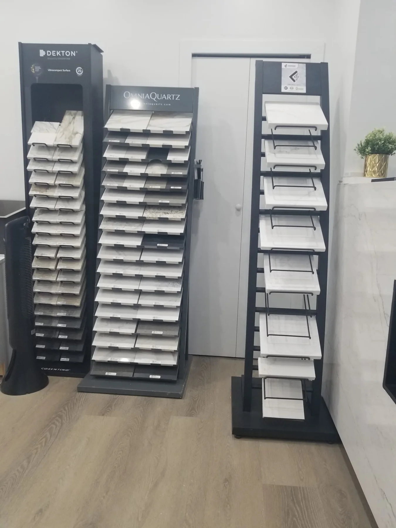 Supplier sample wall showing countertop surface choices.