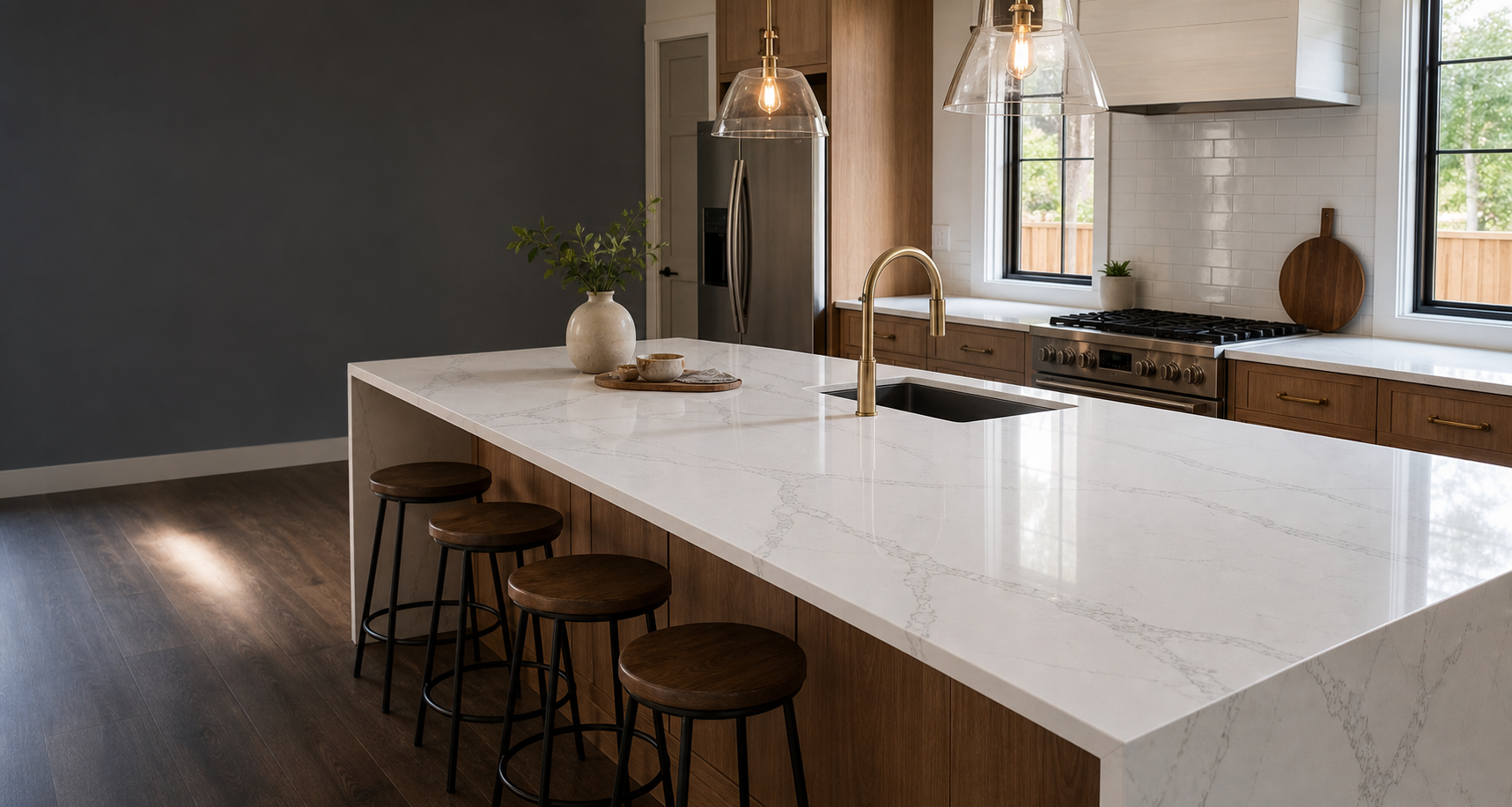 White quartz kitchen countertop custom made for a Surrey home.