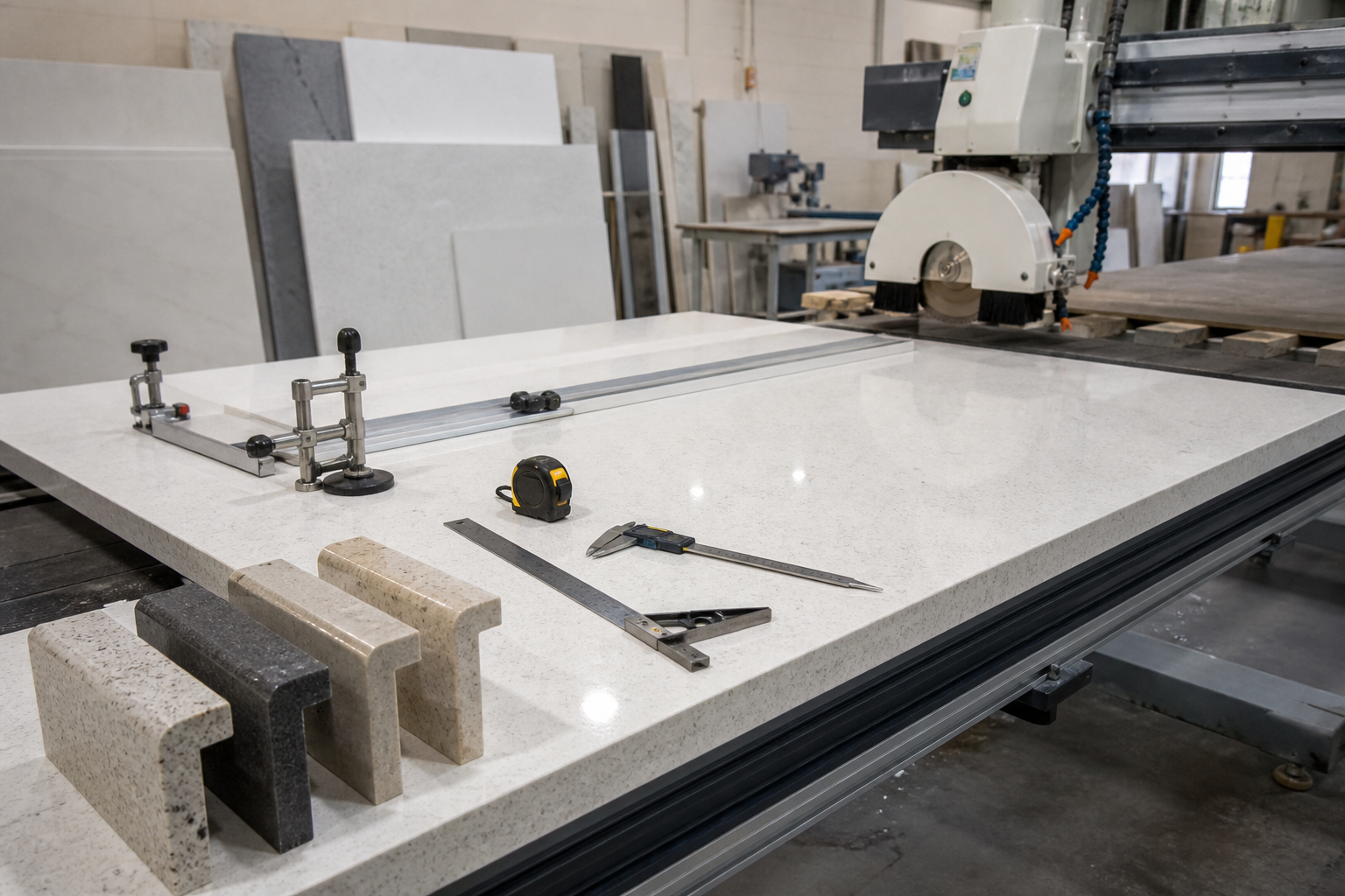 Stone workshop with quartz slab, measuring tools and polishing equipment.