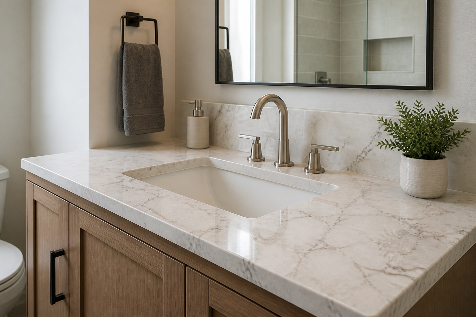 Custom bathroom vanity with polished marble-look countertop and undermount sink.